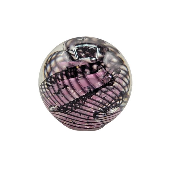 Handcrafted Blown Glass Paperweight Purple Black Swirl Round Artist Signed - Picture 3 of 7
